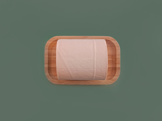 front view of bamboo toilet paper in a tray