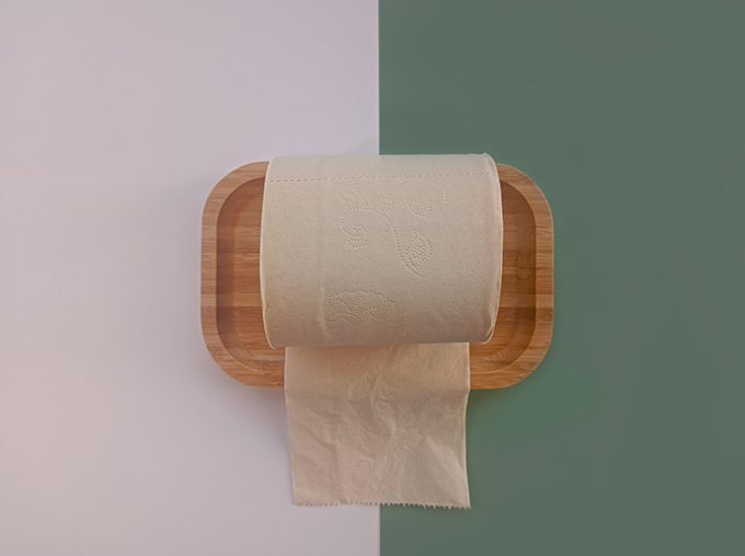 front view of bamboo toilet paper in a tray